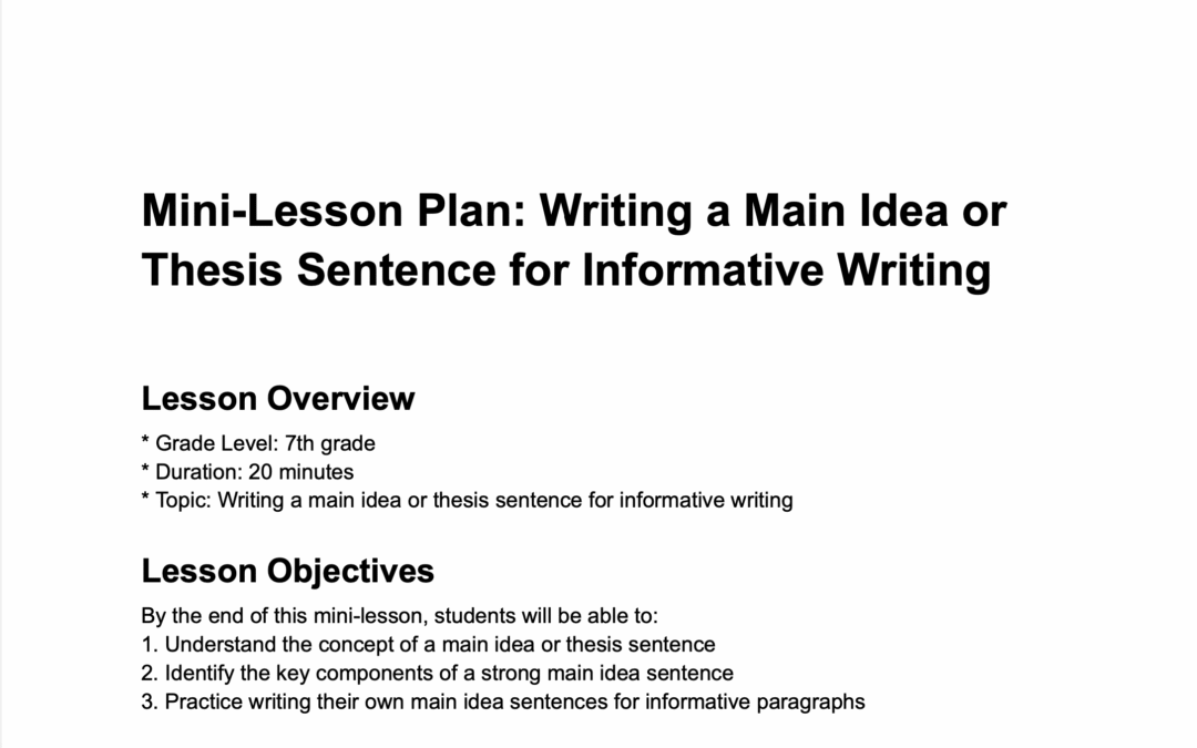 Mini-Lesson Plan: Writing a Main Idea or Thesis Sentence for Informative Writing