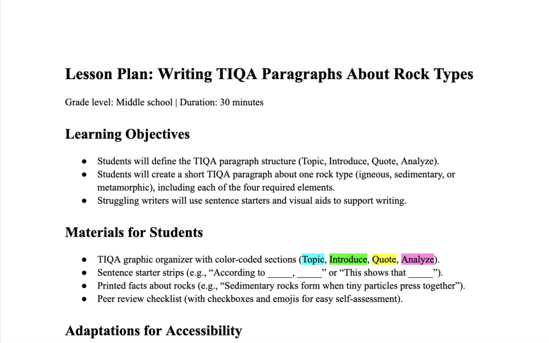 Lesson Plan: Writing TIQA Paragraphs About Rock Types